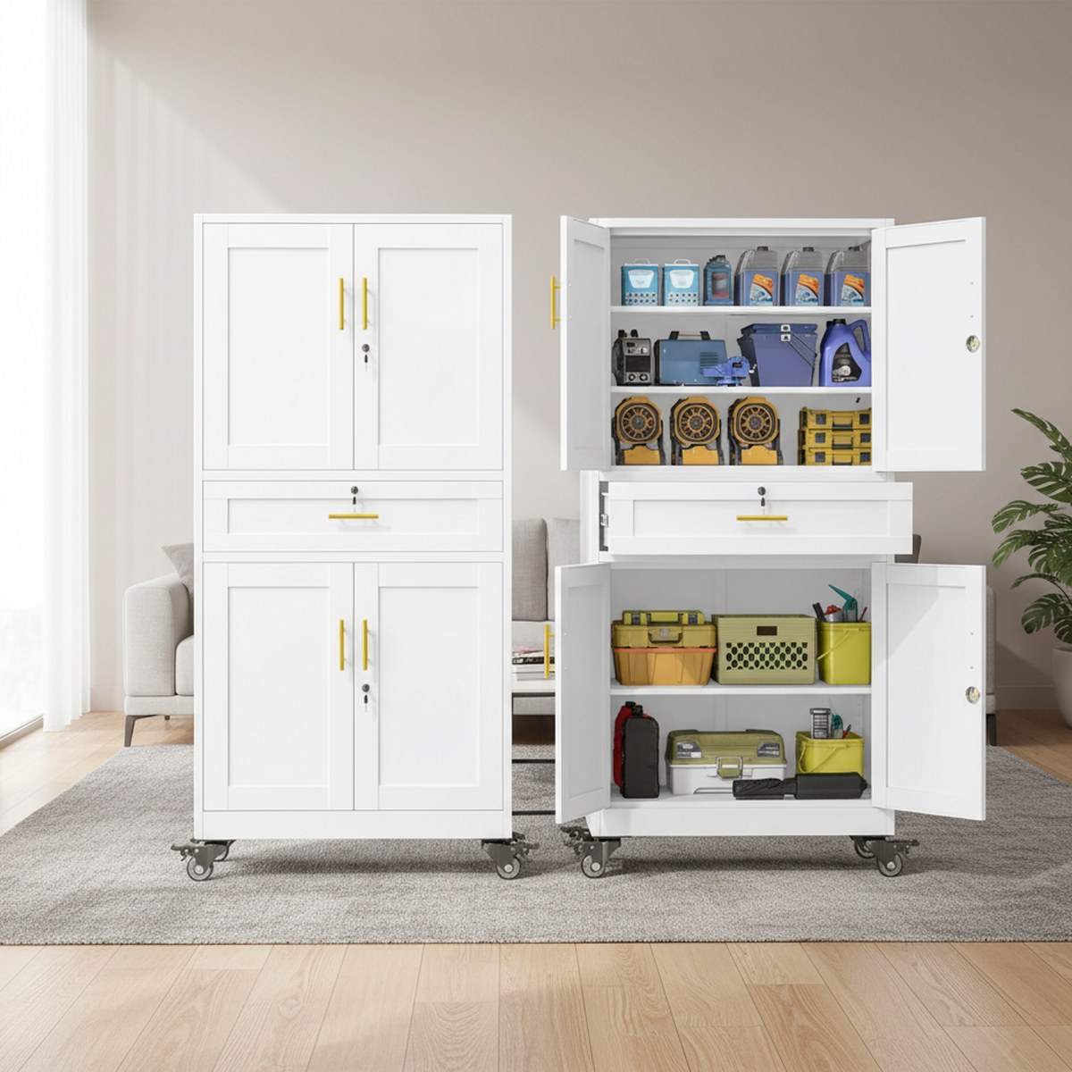 Home Gym Organization - خزانة تخزين معدنية متحركة للمرآب بطول